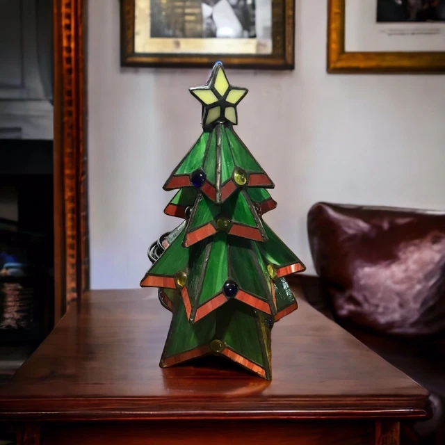 Tiffany Style Stained/Slag Glass Lighted Christmas Tree 11” Accent Lamp Tabletop