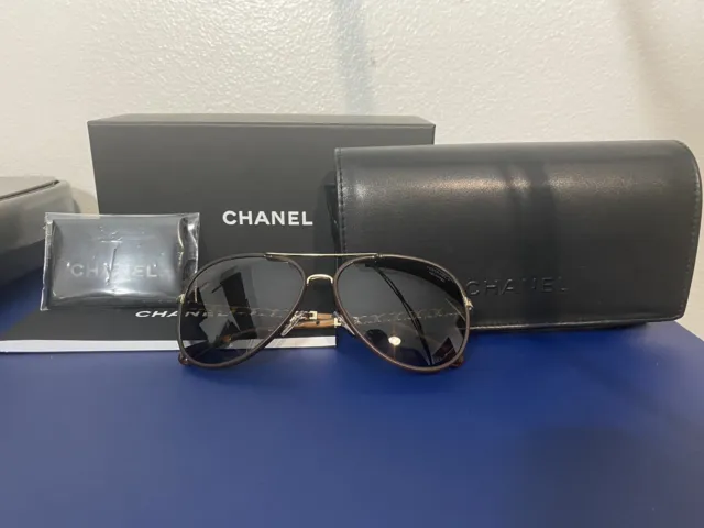Authentic Chanel Violet Calfskin/Metal Aviator Pilot Sunglasses 4219Q