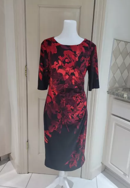 CONNECTED APPAREL size 6 red/black floral-print sheath dress easy care poly/span