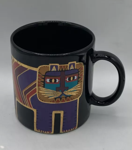 VTG Signed Laurel Burch Gold Foil Lion Cat Black Mug Coffee Tea Purple Teal