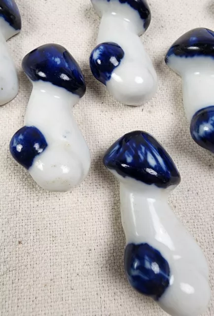 Vtg MUSHROOMS 6 Chopstick Rest Blue Shiitake Porcelain Signed Knife Holder brush 2