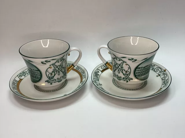 2 x Lomonosov Cup & Saucer Russia 1744 St Petersburg Hand Painted Winter Palace