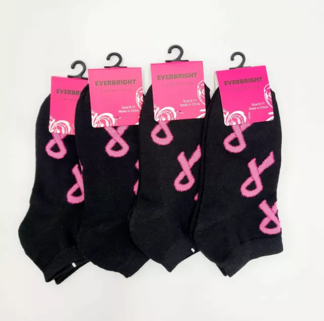 Everbright Womens Pink Ribbon Breast Cancer Low Cut Socks - 4 Pairs. Size 9-11