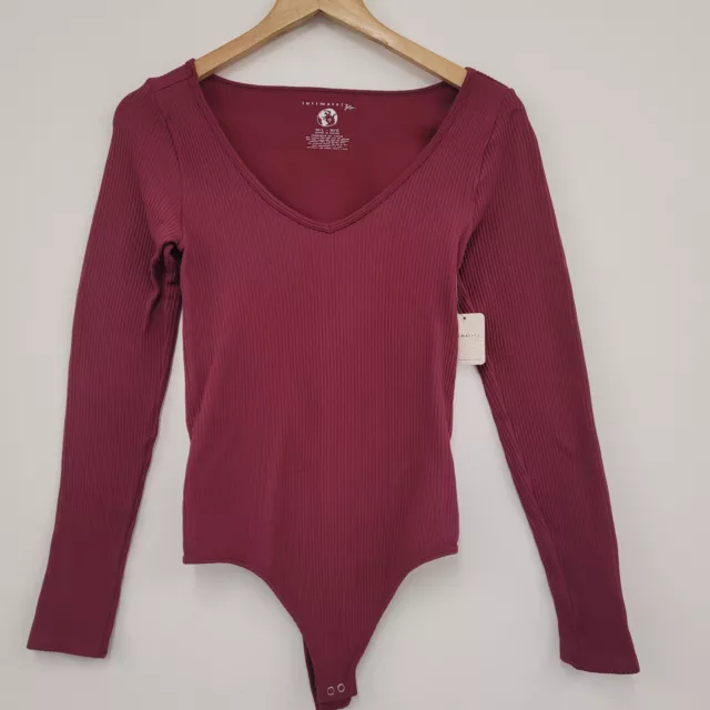 Free People Intimately Ribbed Long Sleeve Bodysuit Size M-L Wine New RRP $60