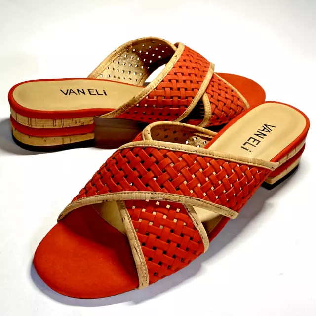 Vaneli Sandals Leather Orange Slides Trimmed Cork Woven Nabuk Women 7.5