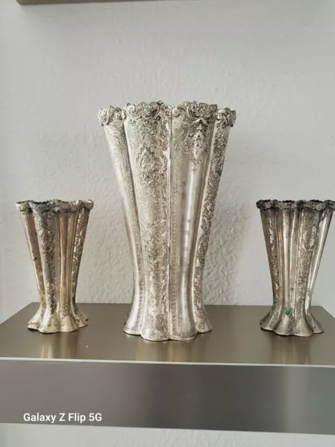 Set Of 3 Original Middle Eastern Solid Silver Vases 3D Design
