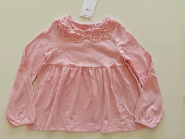 M&S Girls Pure Cotton Lace Trim, Long Sleeve Top, Pink Age 6-7 Years