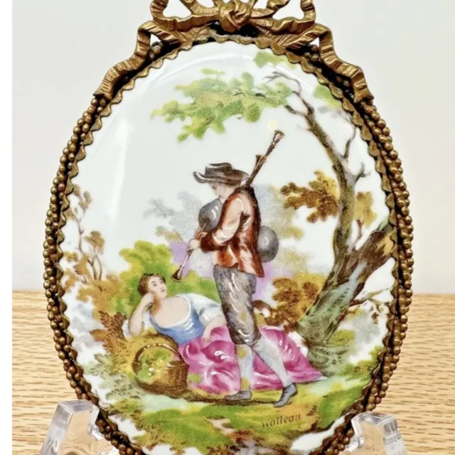 Vintage France Petit Oval Hand Painted Porcelain Signed Watteau in Brass Frame