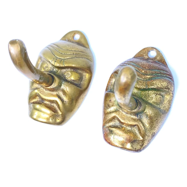 2 Vintage Japanese Tengu Demon Kabuki Theater Mask, Long Nose Brass Wall Hooks