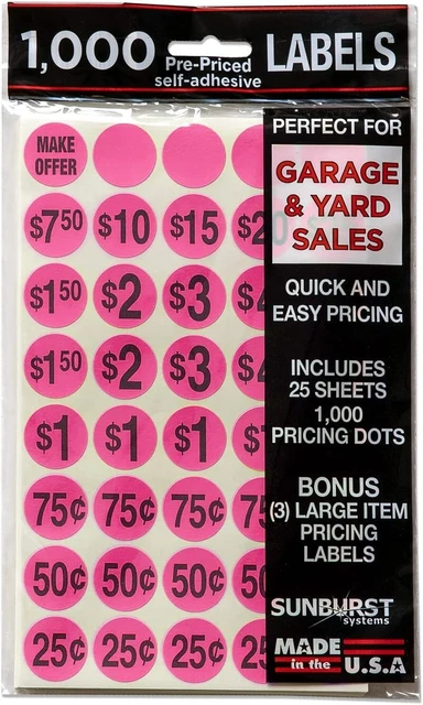 Sunburst Systems 7035 Priced Garage Sale Stickers, 1,000 Count Pre-Printed Label