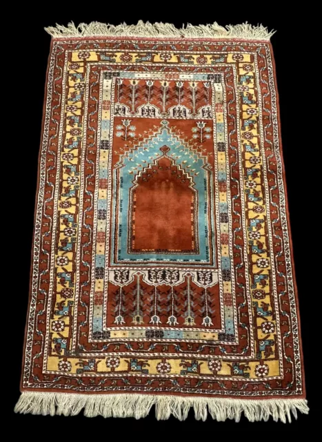 Hand-Knotted Vintage Wool Rug Colorful Turkish Prayer Design 3'11 x 5'9