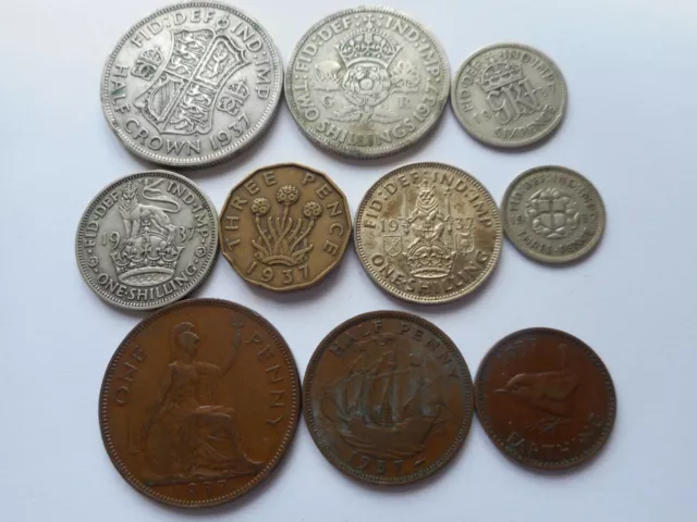 1937 King George VI 10 Coin Year Set Halfcrown - Farthing.