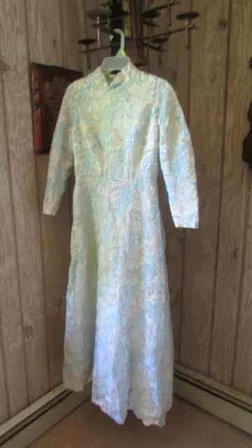 1970's Hand Made Mother Of The Bride Gown Petite Size Blue Ivory Gold Silver