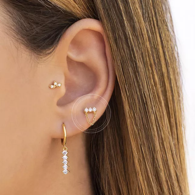 Single Bar Chain Stud Earring gold silver cartilage dainty CZ tiny minimalist