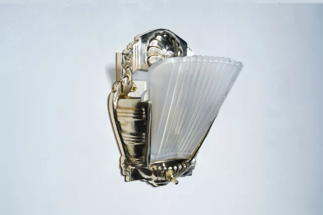 Art Glass - Art-deco Carved Brass and Faceted Glass Wall Sconce | Vint-In-Haus