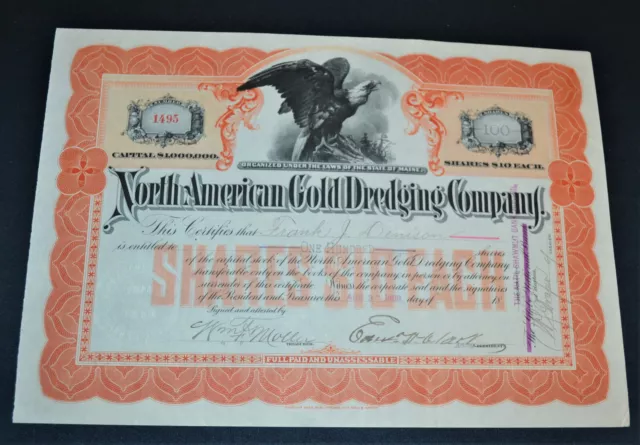 North American Gold Dredging Company 1900 antique stock certificate