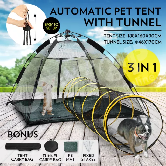 Auto Pop-up Pup Tent Pet Dog Cat Outdoor Play Fun House With Tunnel Portable