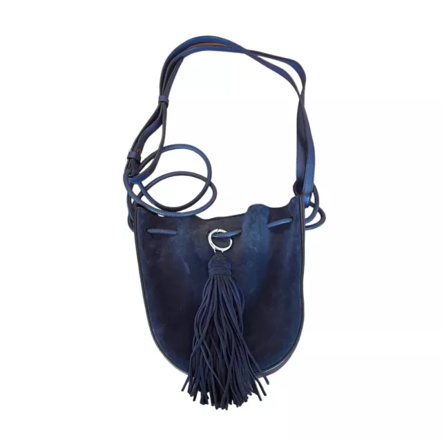 Rebecca Minkoff Suede Leather Drawstring Bucket Crossbody Tassel Bag Navy