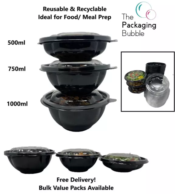 Black Plastic Salad Bowls Reusable Takeaway Container Bowl Clear Lids Food Meal