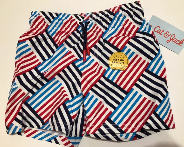 CAT & JACK Baby Boys Red/White/Blue Stripe Swim Trunks NWT Size 18 Months