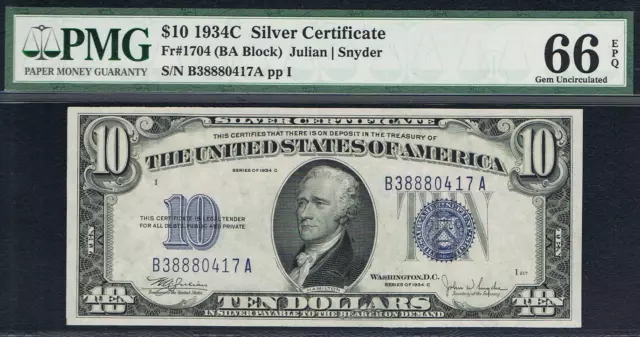 $10 1934C  Silver Certificate. PMG 66 EPQ. Stunning Note. Looks PMG 67 EPQ