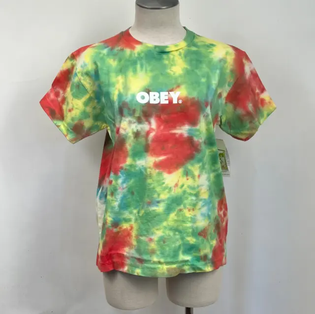 Obey Women's Box T-Shirt Bold Rainbow Blotch Tie Dye Size S NWT Shepard Fairey