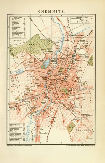 Chemnitz historischer Stadtplan Deutsches Reich alte Karte Lithographie ca. 1892