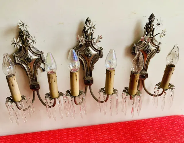 Vintage Antique Italian Metal Crystal 2 Light Sconces Wall Lights