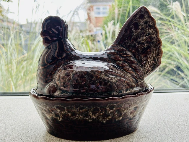 VTG Fosters Pottery Ceramic Chicken & Basket Egg Holder Brown Drip Glaze 8” H