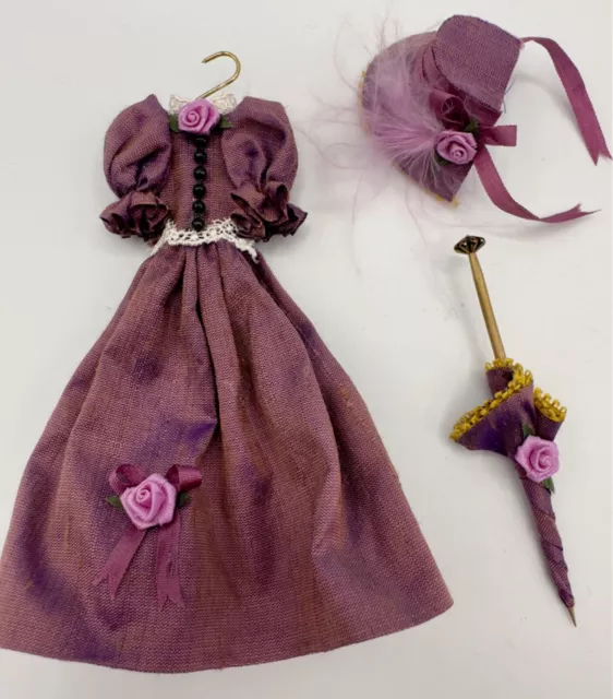 Dolls house miniature 1:12 HANDMADE dress, bonnet + parasol (2)