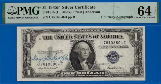 1935F $1 Silver Certificate PMG 64EPQ rare autographed silver dollar fr 1615