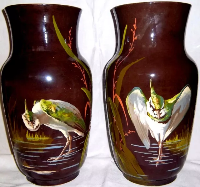 Superbe Paire De Vases En Barbotine Impressionniste Echassiers Montigny Haviland