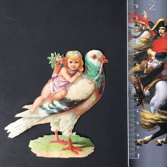 Chromo Découpi Gaufré XIXè Pigeon avec Enfant Victorian Scrap Oblaten Glanzbild