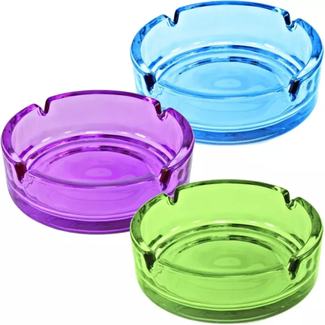 3x Glas Aschenbecher Aschen-Becher Ascher rundes Design Ø 10,5 cm lila+blau+grün