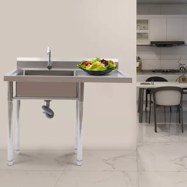 Commercial Kitchen Sink Stainless Steel Utility Prep Skin 1/2 Bowl +Drainboard