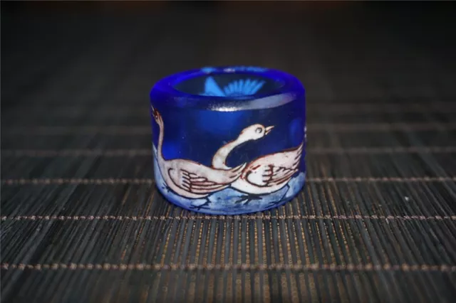 1.18" Chinese Blue coloured glaze painted Mandarin Duck flower Finger Ring
