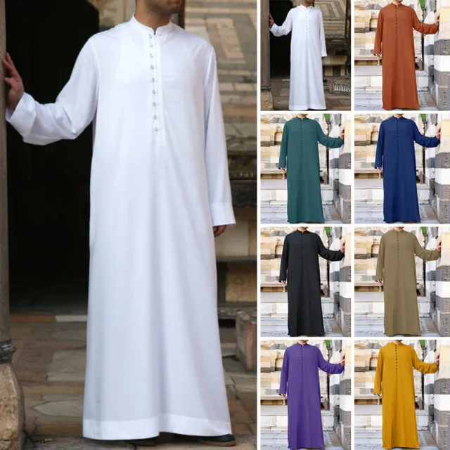 UK Mens Dishdash Jubba Kaftan Thobe Arab Robe Islamic Festival Tunic Robe Dress