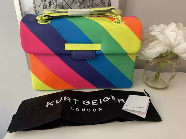 Kurt Geiger Brixton Large Leather Neon Rainbow Striped Crossbody Bag  BNWTS