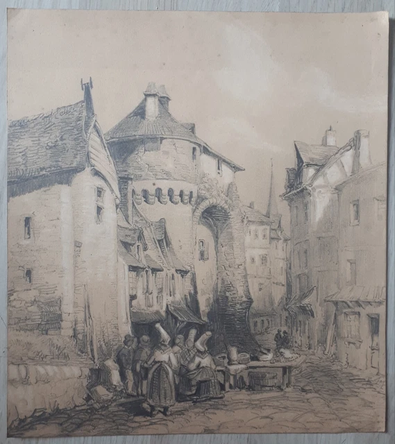Dessin Original Frank Lewis Emanuel – Scène De Rue En France, Crayon Signé