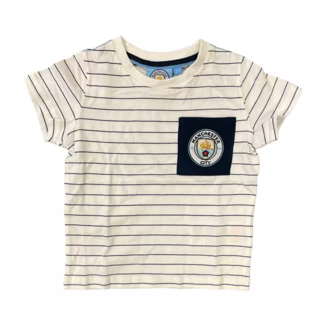 Manchester City Football T-Shirt (Size 2-3Y) Kid's Striped Pocket SS Top - New