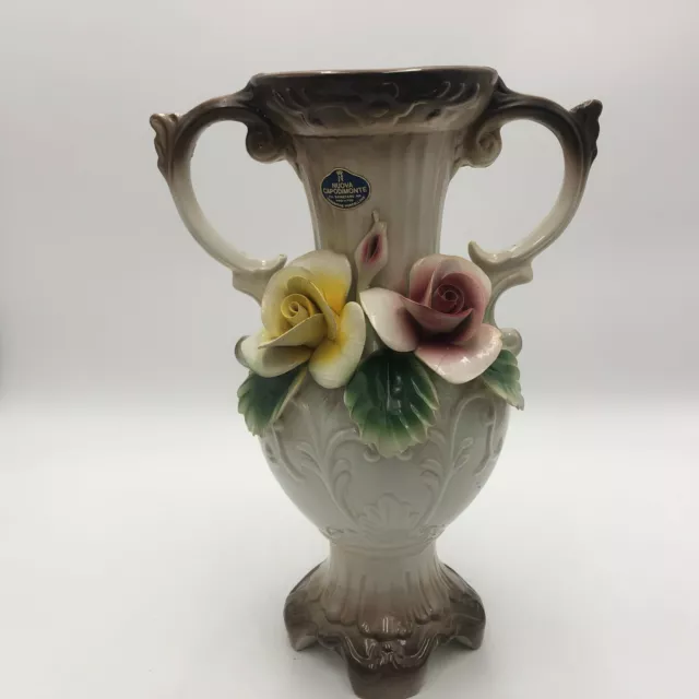 Nuova Capodimonte Large Double Handle Vase Roses 13” Tall Pink Yellow