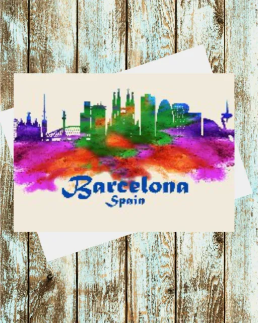 Set Of 6 Greeting Cards 5x7  Barcelona Spain Travel Poster Watercolor art