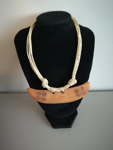 Collier Ethnique à Grosses Perles De Bois & Franges Raphia - Style Mali/Peul - Occasion