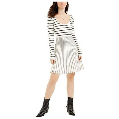 $108 GUESS Stripe Long Sleeve Scoop Neck Knee Length Fit Flare Dress Large