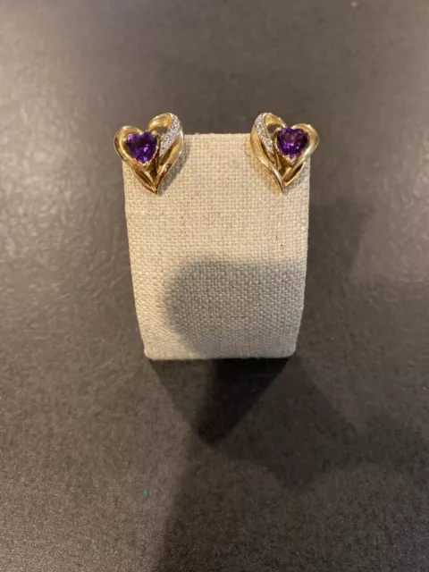 Beautiful 14k Gold Amethyst & Diamonds Heart Shaped Earrings