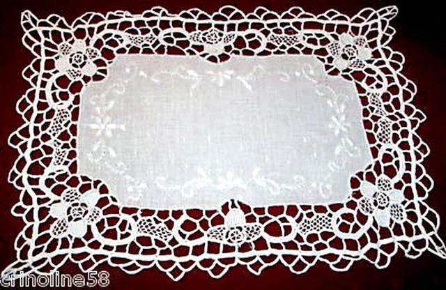 Napperon Ovale Brodé Main Jours De Venise - Lin Blanc - 38x58cm - Les Collections De Crinolines Et Pomponettes