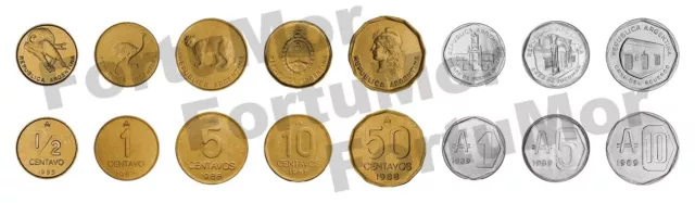 Argentina 8 Pcs UNC Coin Set, 1/2 1 5 10 50 Centavos 1 5 10 Autsrales 1985 1989