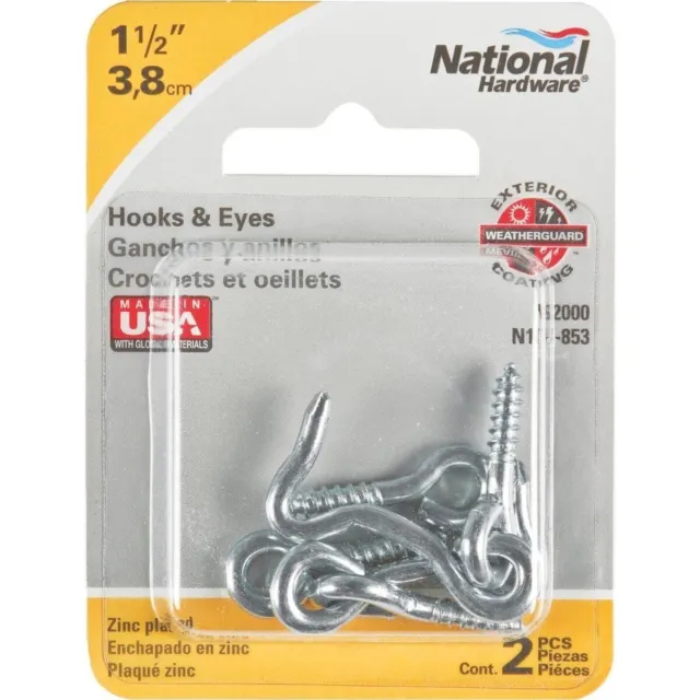 National Hardware Hooks & Eye 1 1/2" 2 pcs V2000 N117-853