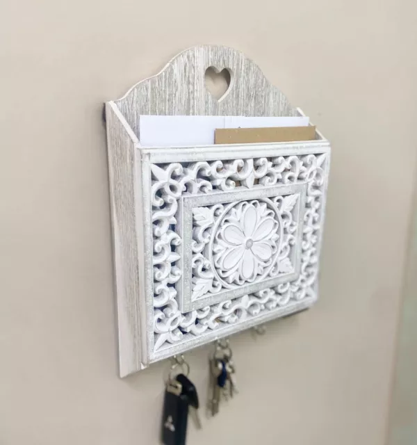 Shabby Chic Key Holder Letter Rack Wooden Lace Cut Out Wall Mount Hooks Grey Box