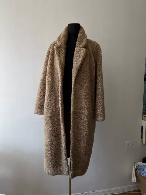 H&M Women’s Beige Faux Shearling Teddy Bear  Fall Winter Long Coat-Medium